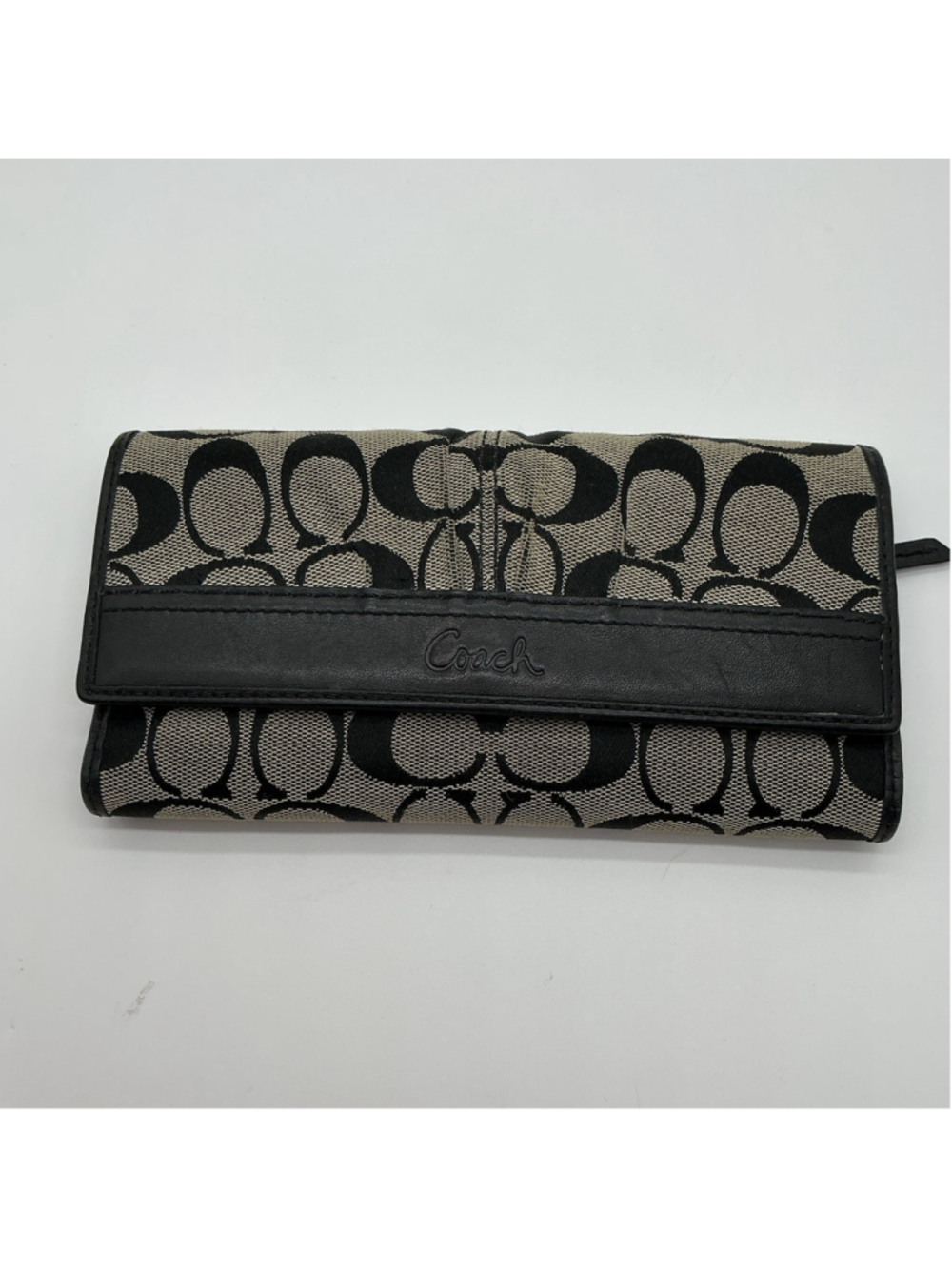 Coach Signature C Jacquard Trifold Wallet Black Gray Leather Zip